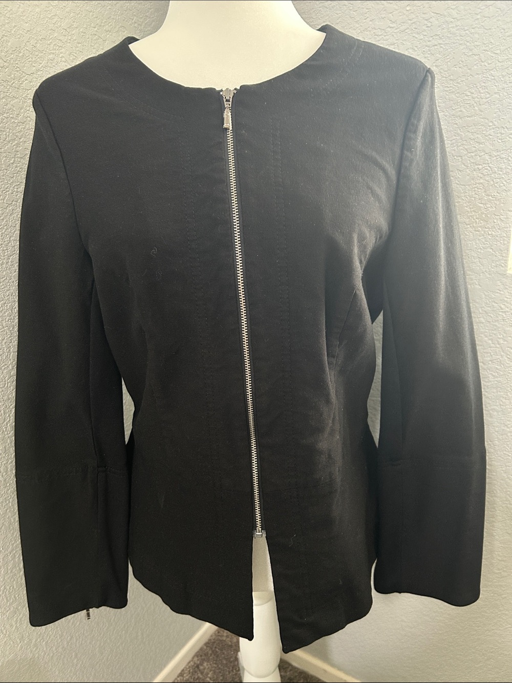 Classic Black Collarless Zip Blazer
